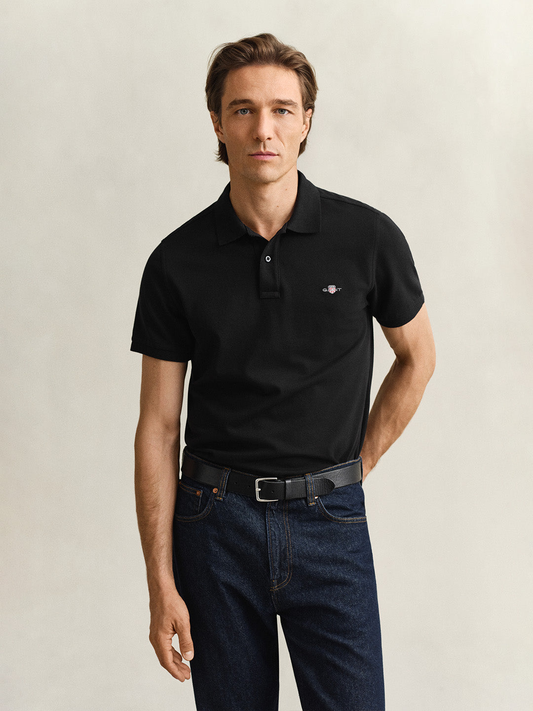 Gant Men Black Solid Regular Fit Shield Pique Polo T-Shirt