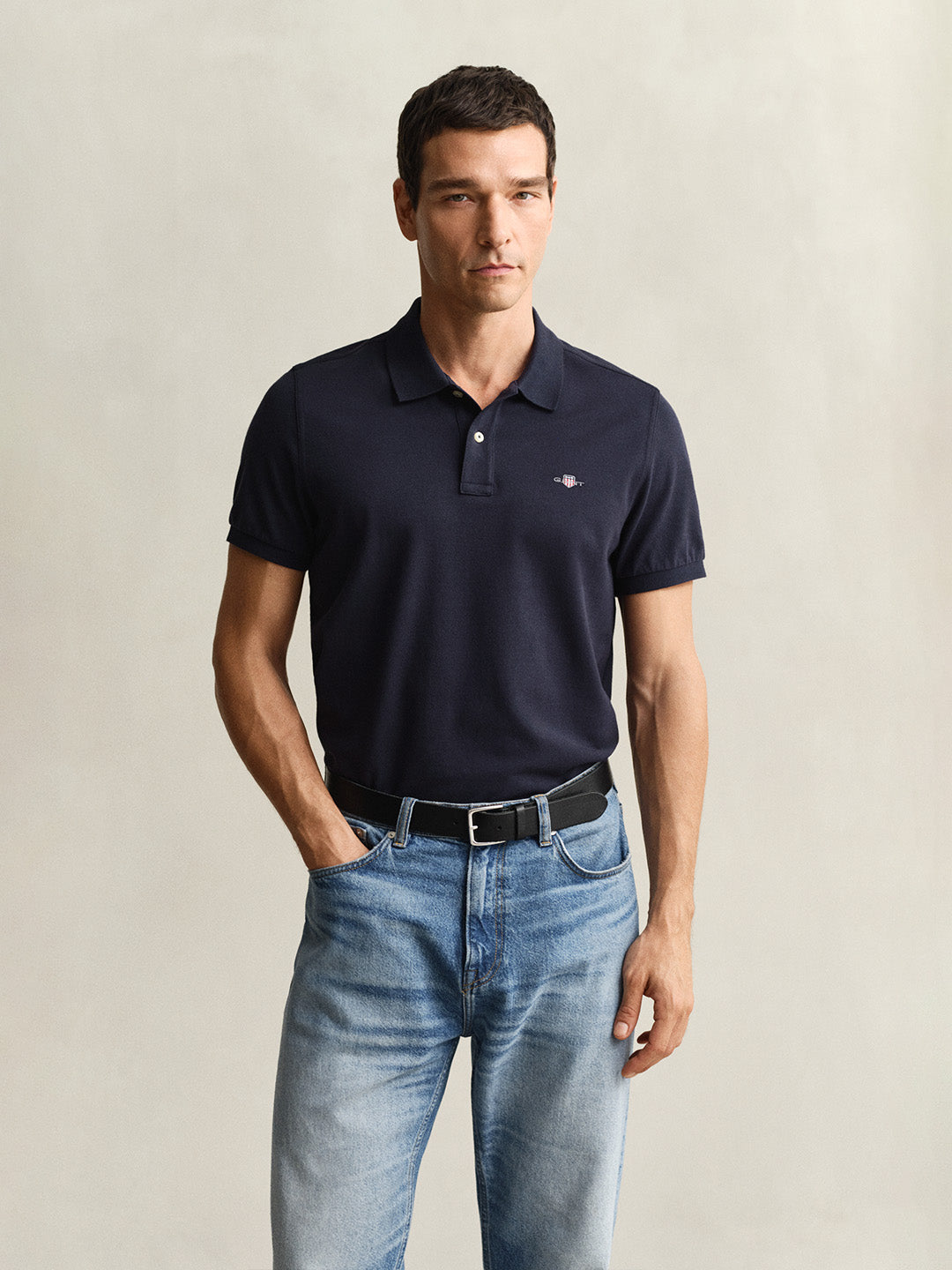 Gant Men Navy Blue Solid Regular Fit Polo T-Shirt