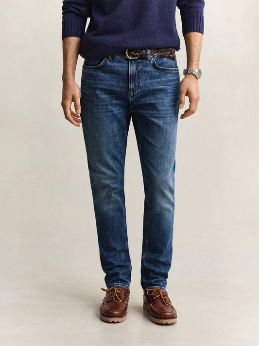 Gant Men Navy Blue Solid Stretchable Slim Fit Jeans