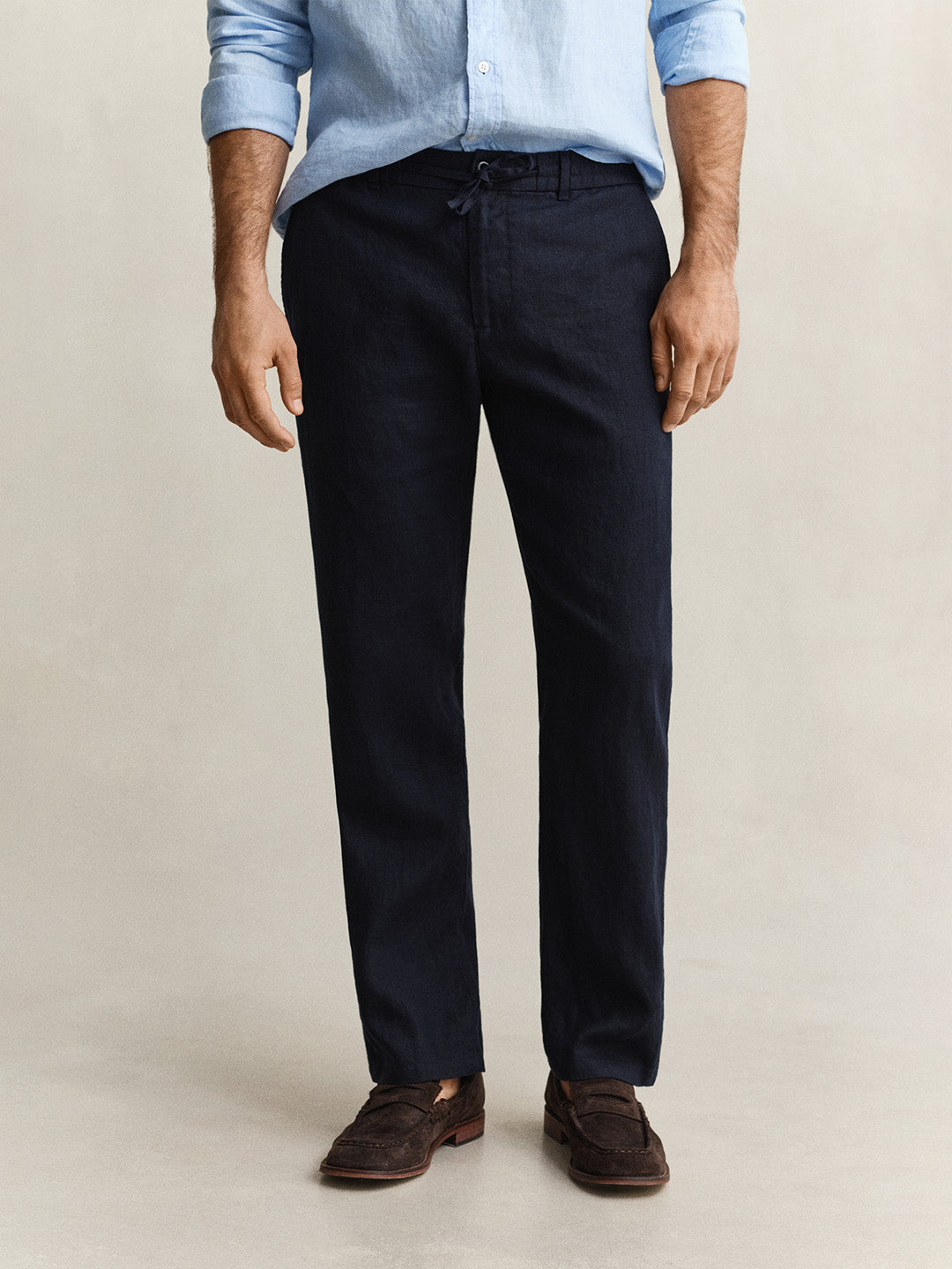 Gant Men Navy Blue Solid Regular Fit Pure Linen Trouser