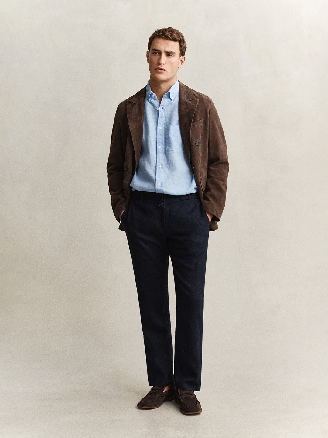 Gant Men Navy Blue Solid Regular Fit Pure Linen Trouser