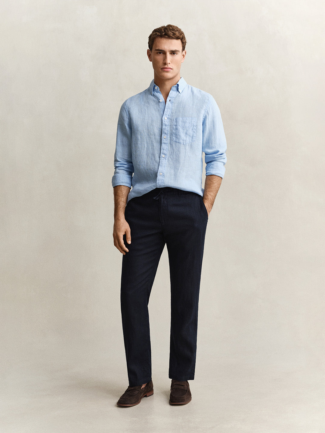Gant Men Navy Blue Solid Regular Fit Pure Linen Trouser