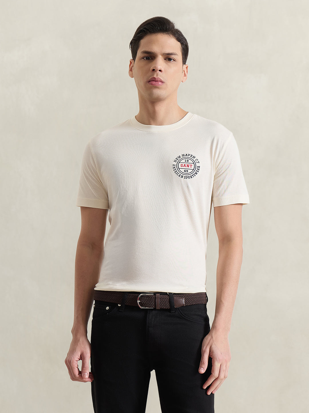 Gant Men Cream Solid Regular Fit Pure Cotton T-Shirt