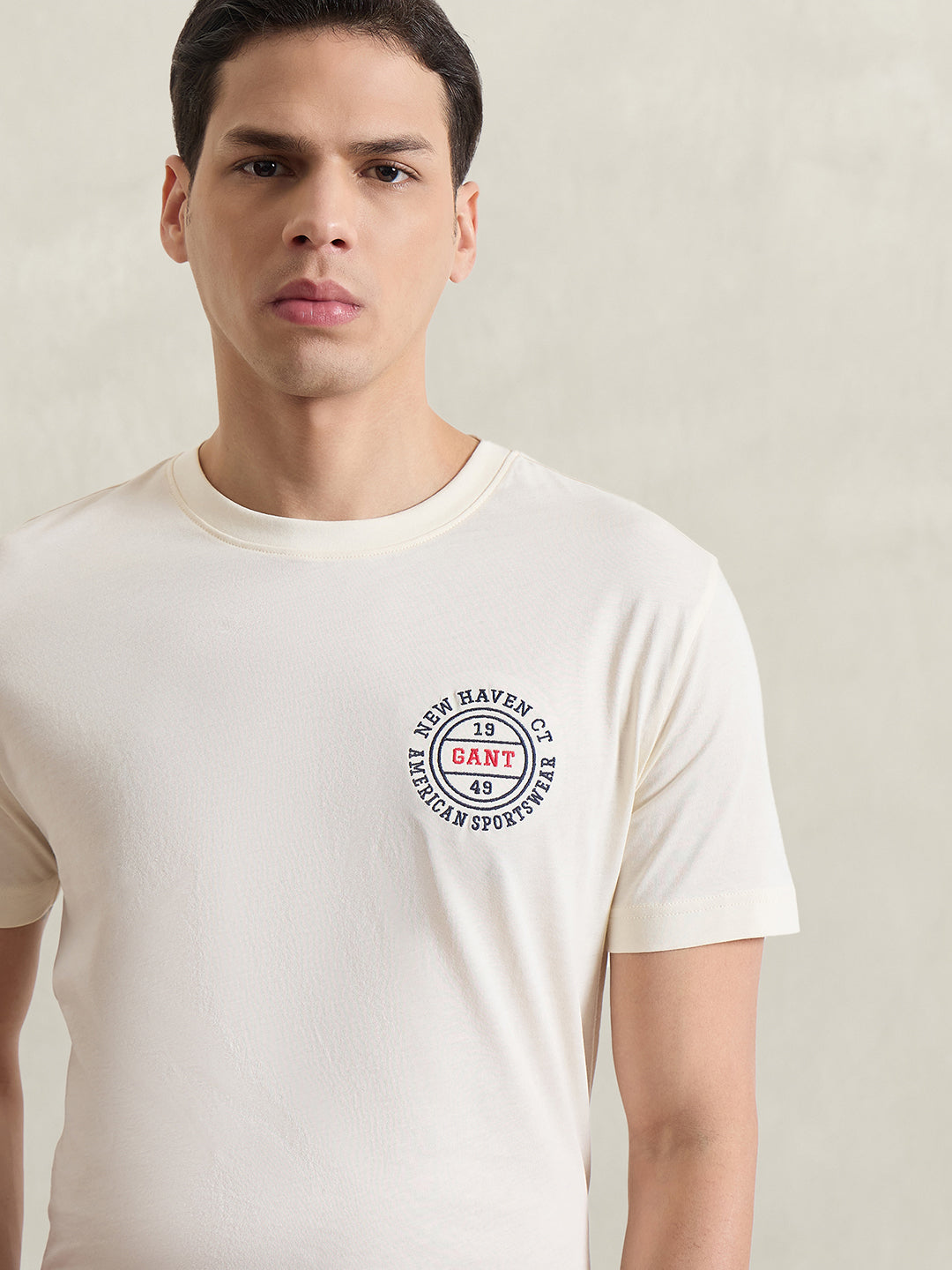 Gant Men Cream Solid Regular Fit Pure Cotton T-Shirt