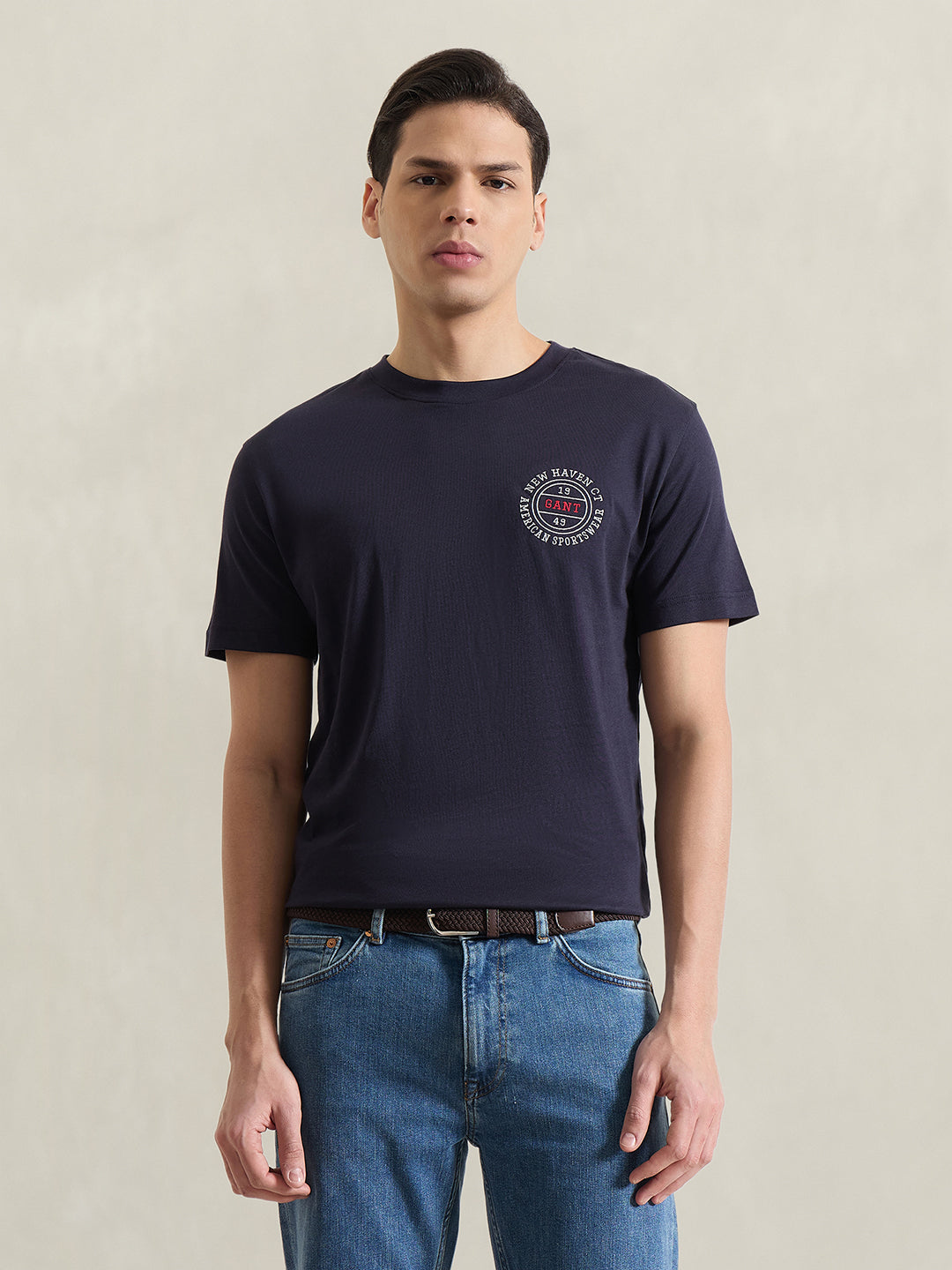 Gant Men Navy Blue Solid Regular Fit Pure Cotton T-Shirt