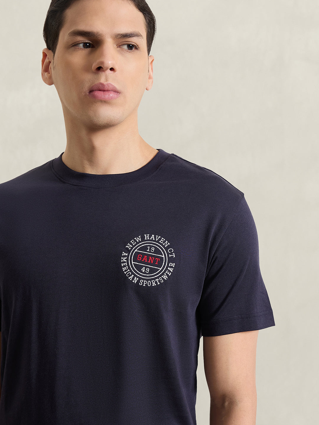 Gant Men Navy Blue Solid Regular Fit Pure Cotton T-Shirt