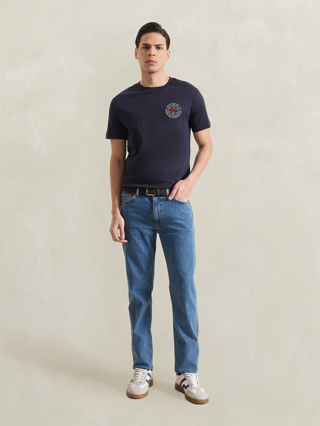 Gant Men Navy Blue Solid Regular Fit Pure Cotton T-Shirt