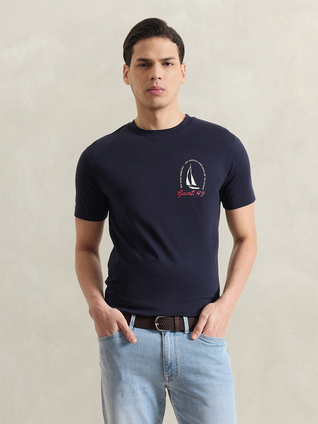 Gant Men Navy Blue Printed Regular Fit Pure Cotton T-Shirt