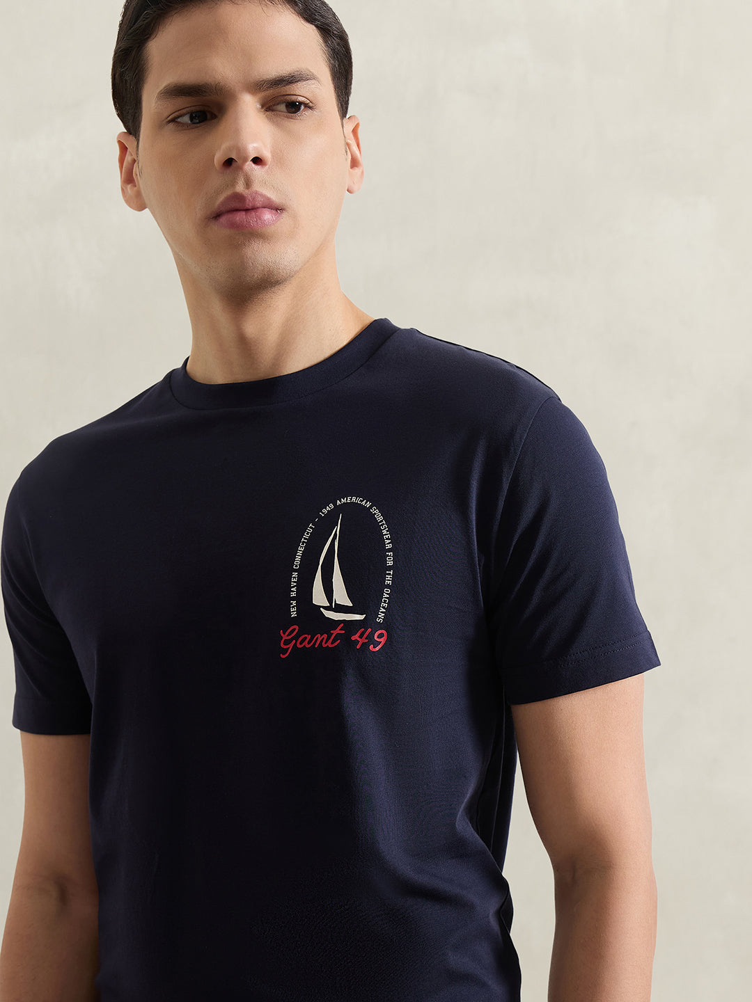 Gant Men Navy Blue Printed Regular Fit Pure Cotton T-Shirt