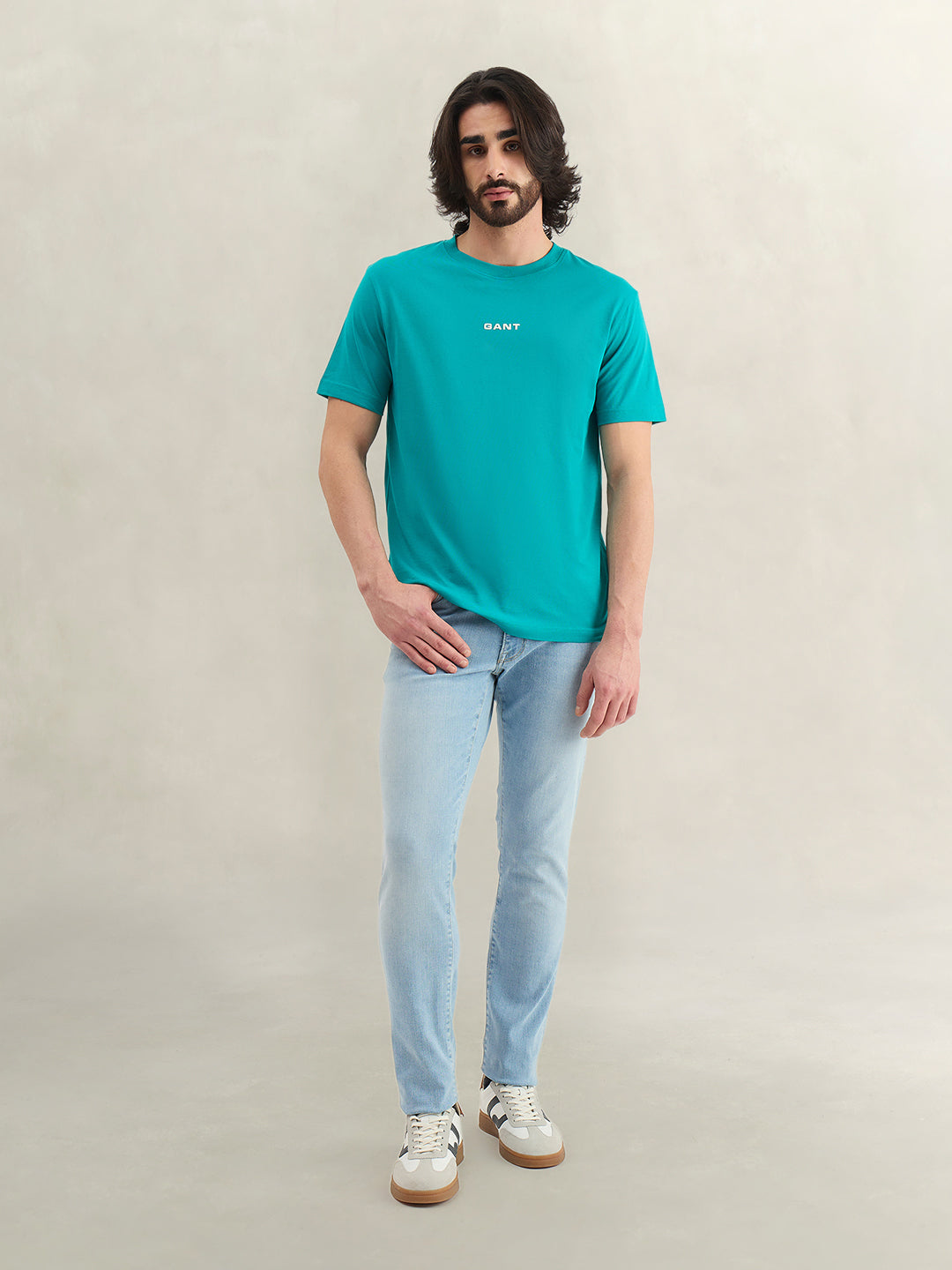 Gant Men Turquoise Solid Regular Fit Pure Cotton T-Shirt