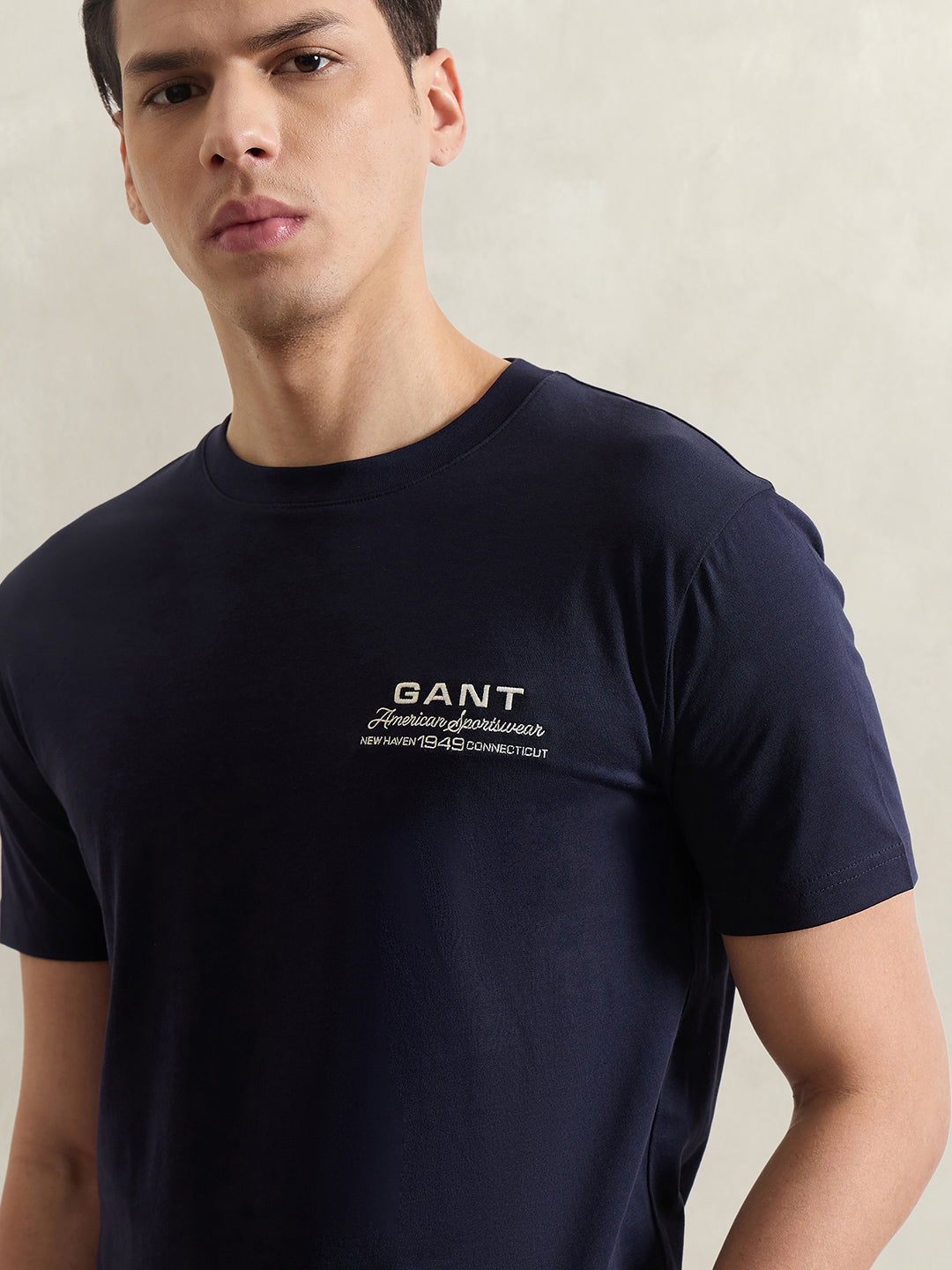 Gant Men Navy Blue Solid Regular Fit Pure Cotton T-Shirt