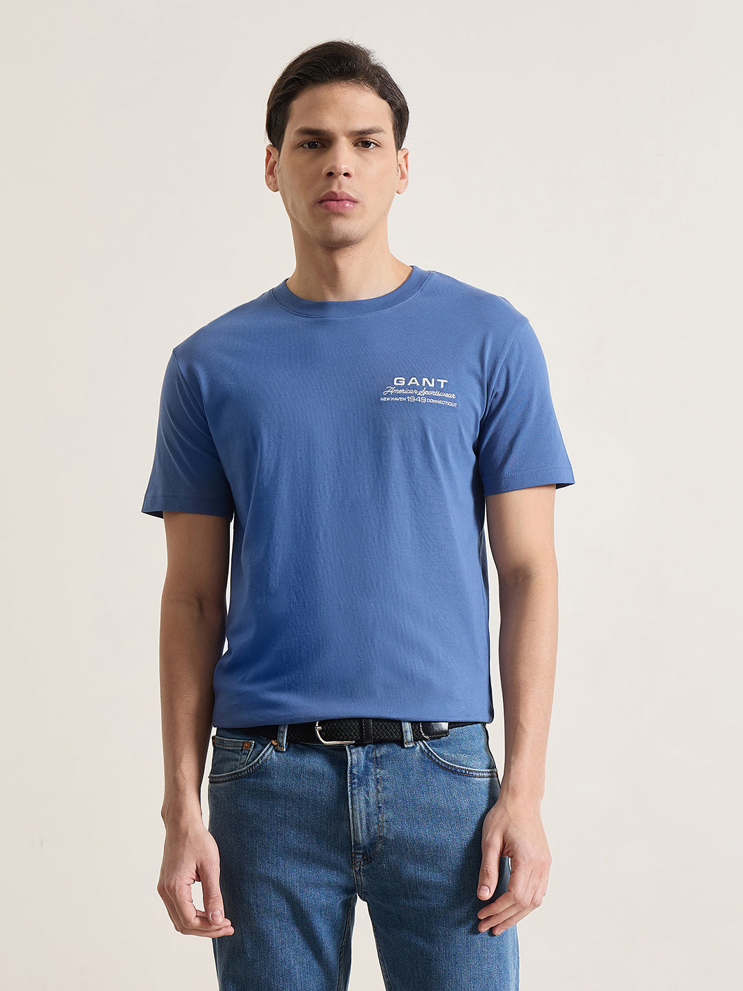 Gant Men Blue Solid Regular Fit Pure Cotton T-Shirt