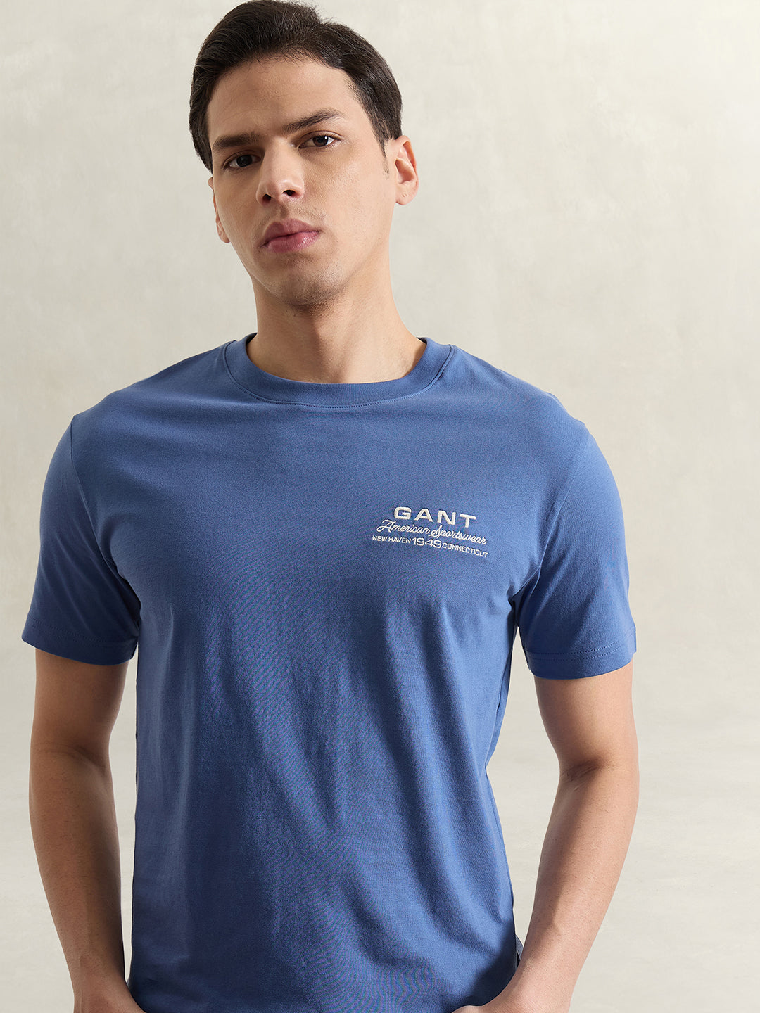 Gant Men Blue Solid Regular Fit Pure Cotton T-Shirt