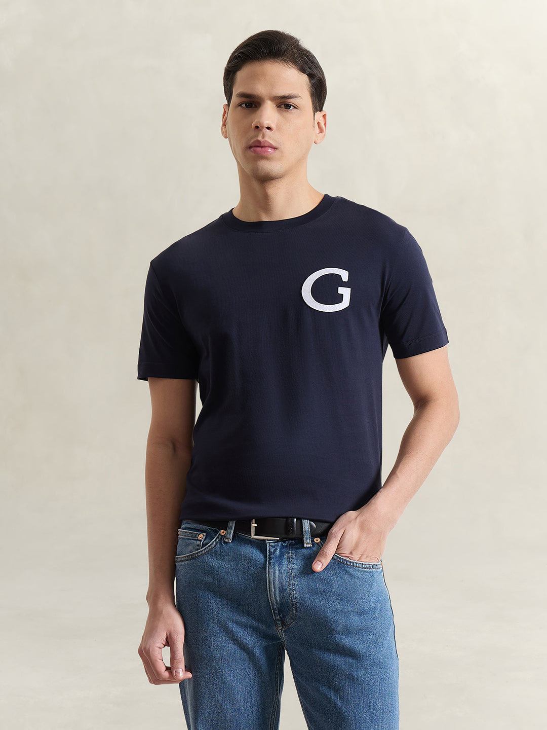 GANT Men Navy Blue Solid T-Shirt