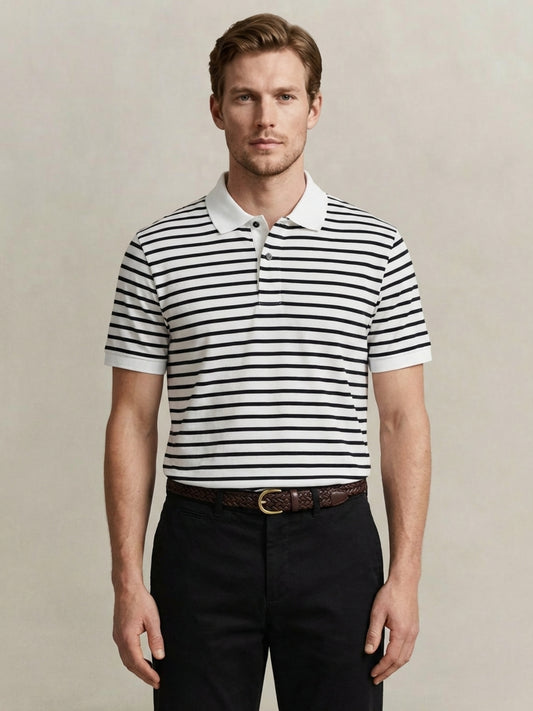 Gant Men Eggshell White Striped Regular Fit Pure Cotton Polo T-Shirt