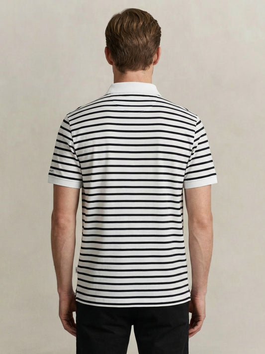 Gant Men Eggshell White Striped Regular Fit Pure Cotton Polo T-Shirt
