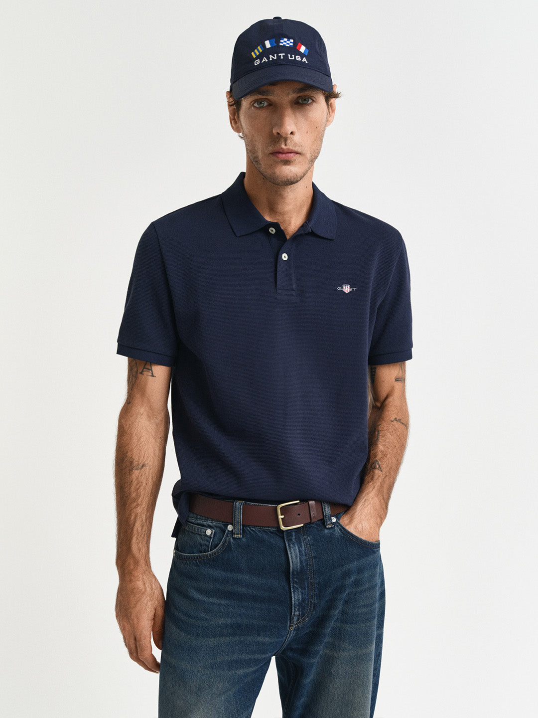 Gant Men Navy Blue Solid Regular Fit Pure Cotton Polo T-Shirt