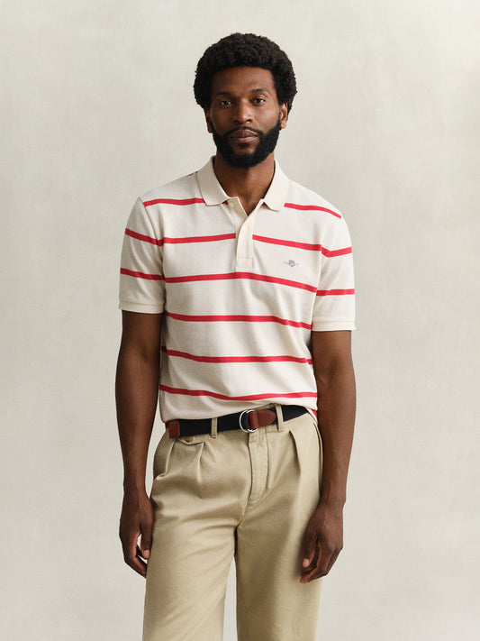 GANT Men Cream Striped Cotton Polo T-Shirt