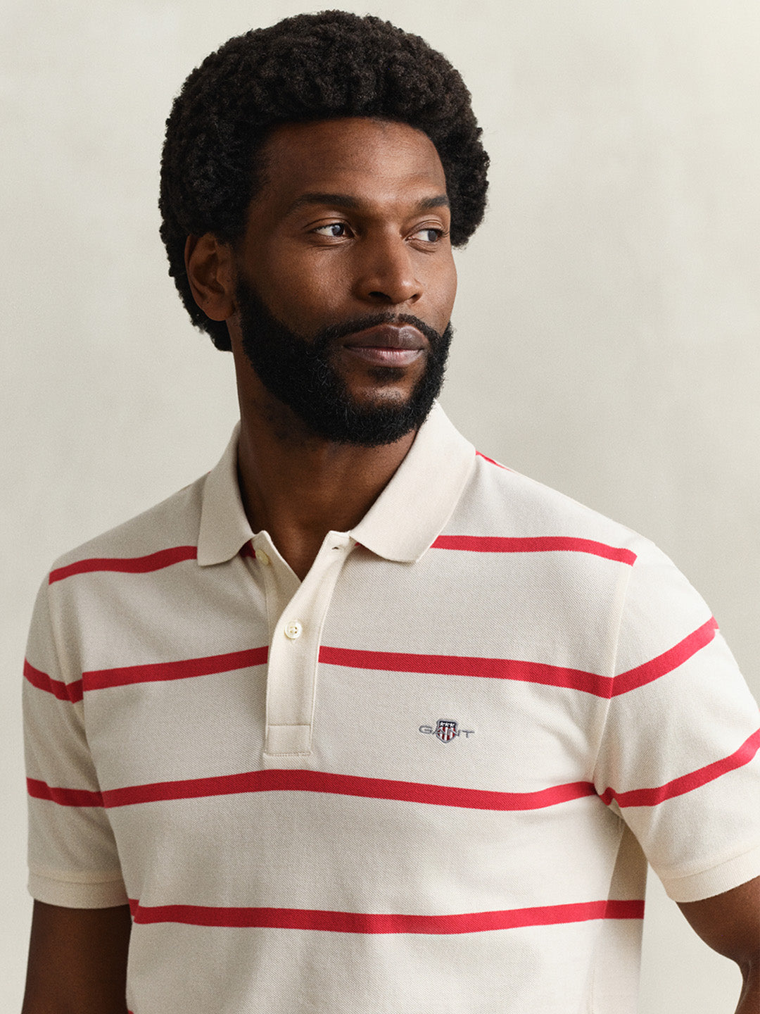 GANT Men Cream Striped Cotton Polo T-Shirt