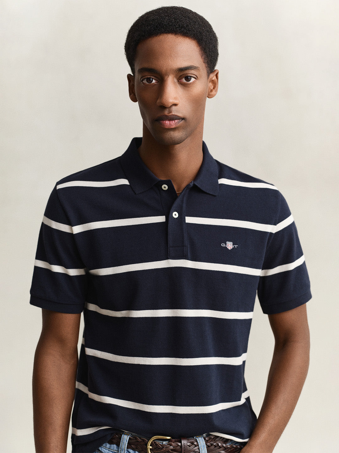GANT Men Navy Blue Striped Organic Cotton Polo T-Shirt