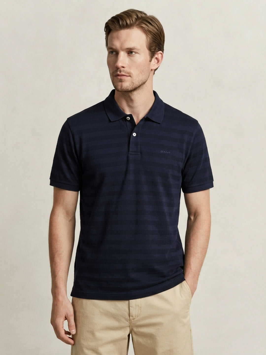Gant Men Navy Blue Striped Regular Fit Pure Cotton Polo T-Shirt