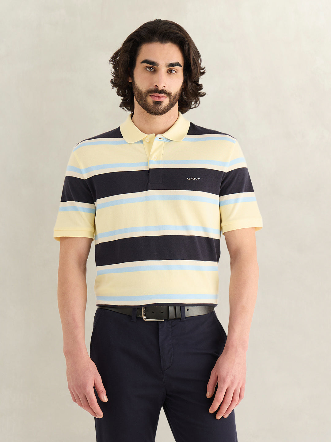 Gant Men Yellow Striped Regular Fit Polo T-Shirt