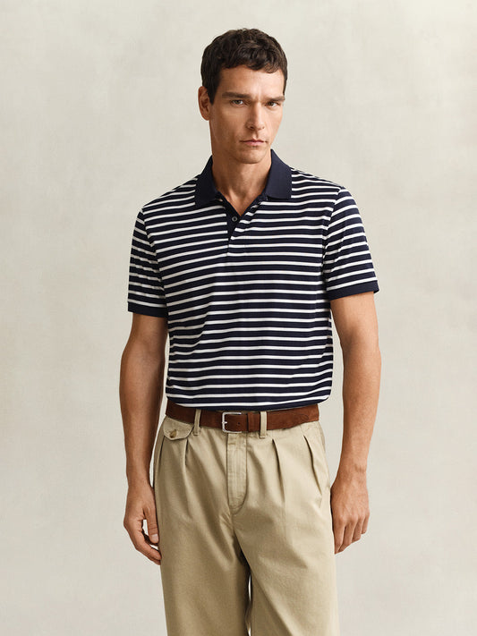 GANT Men Navy Blue Pima Striped Cotton Polo T-Shirt
