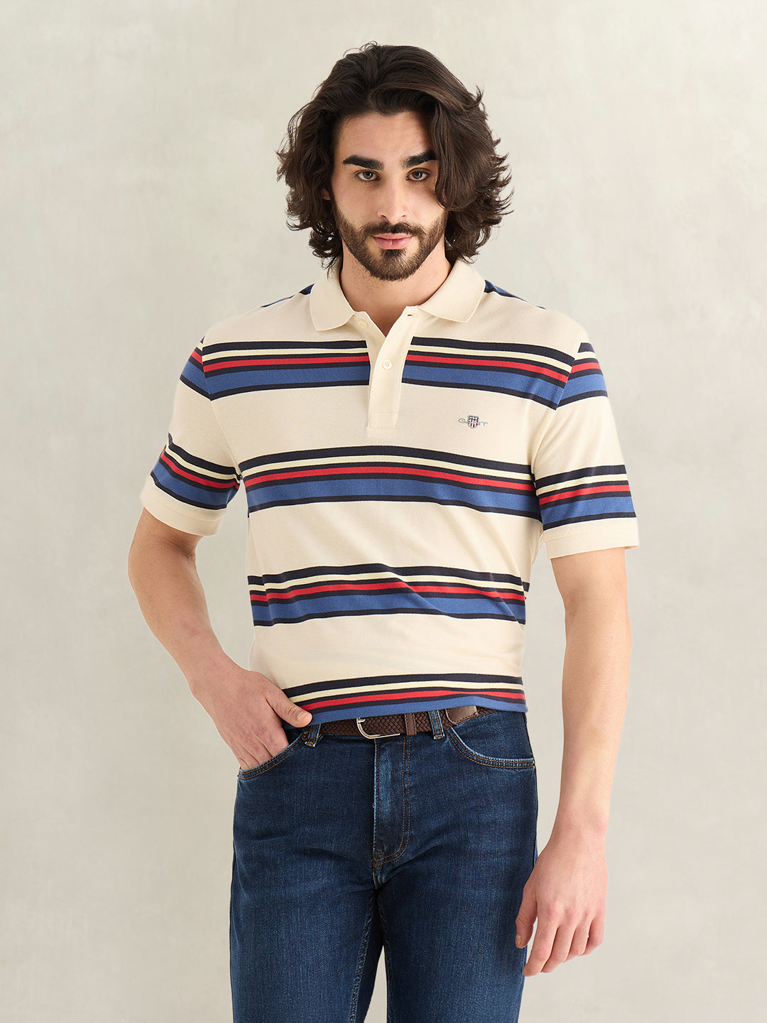 GANT Mens Cream Striped Polo T-Shirt
