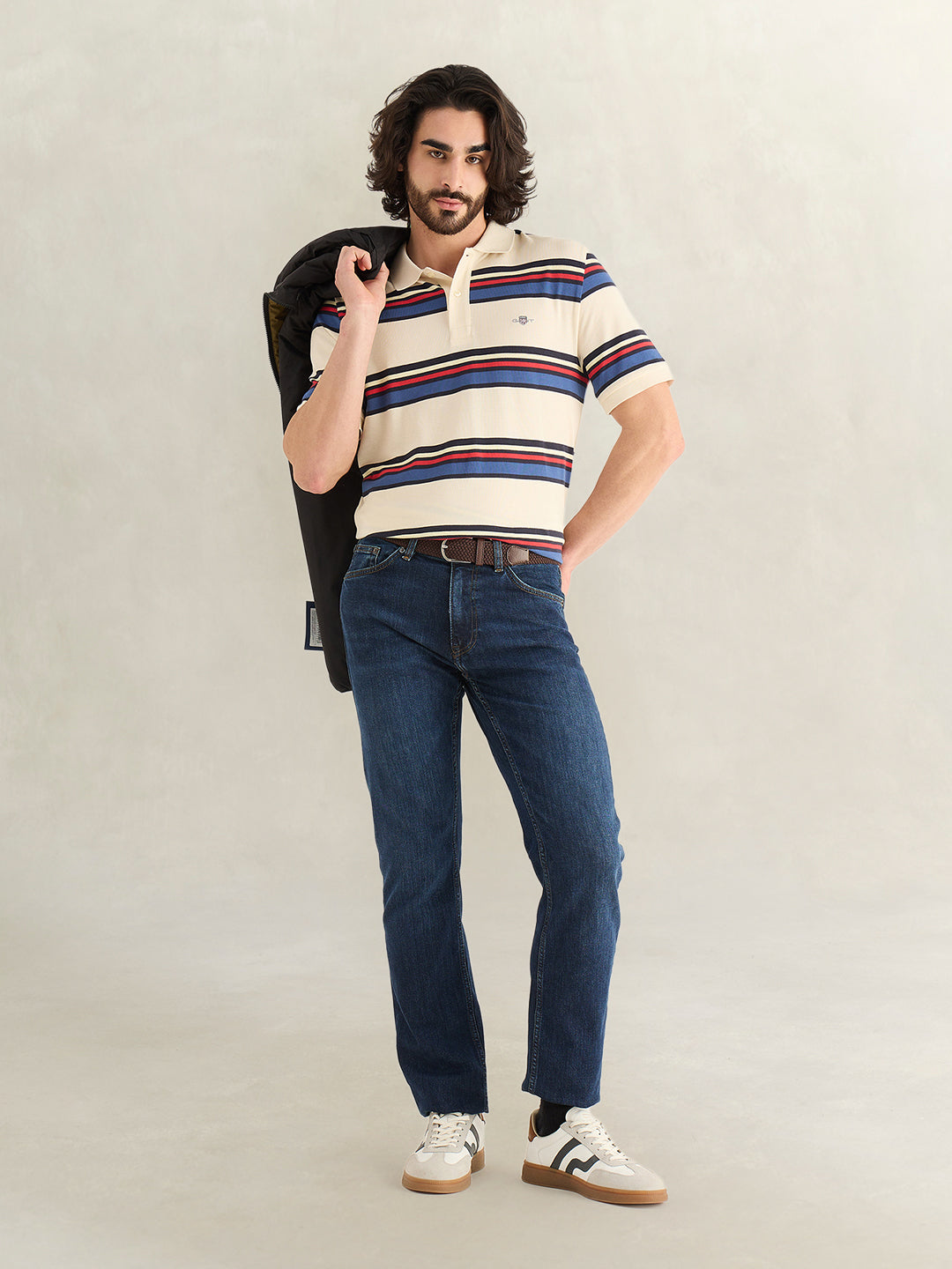 GANT Mens Cream Striped Polo T-Shirt