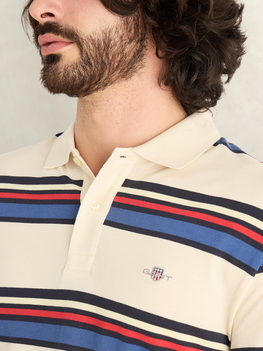 GANT Mens Cream Striped Polo T-Shirt