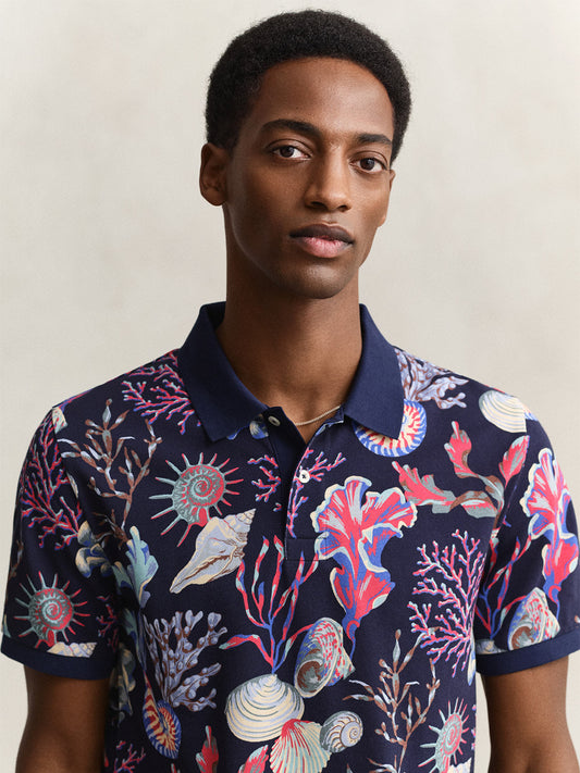 GANT Men Navy Blue Printed Cotton Polo T-Shirt