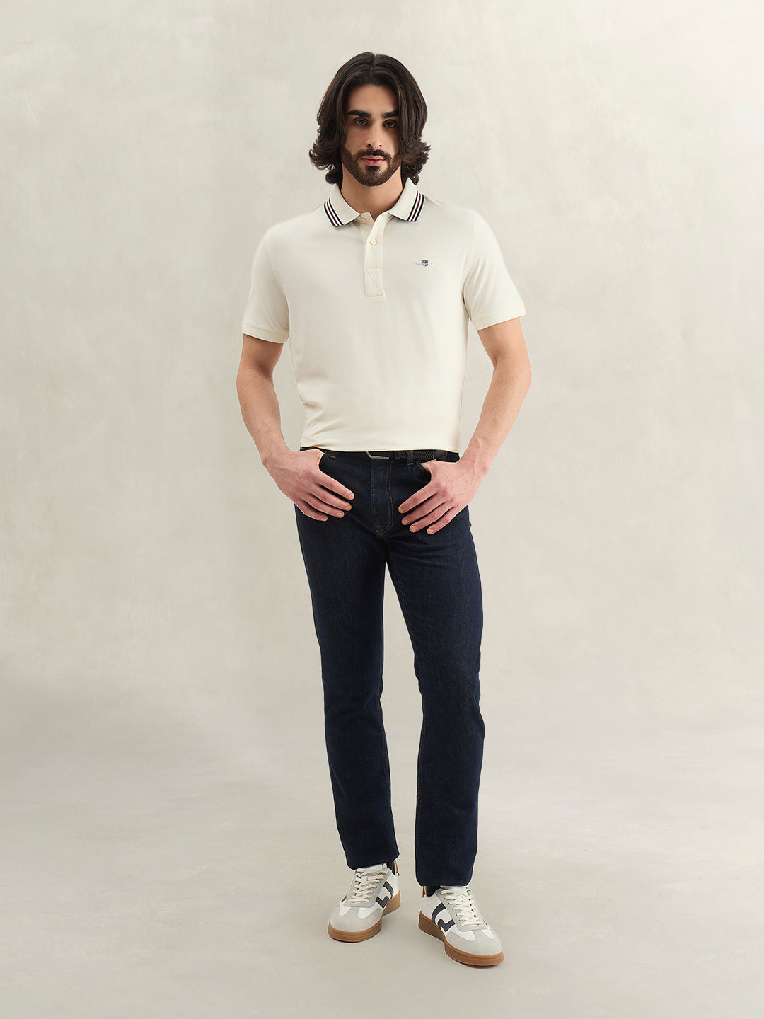 Gant Men Cream Solid Regular Fit Polo T-Shirt
