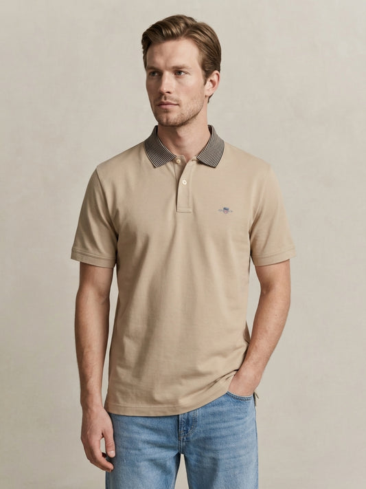 Gant Men Beige Solid Regular Fit Pure Cotton Polo T-Shirt