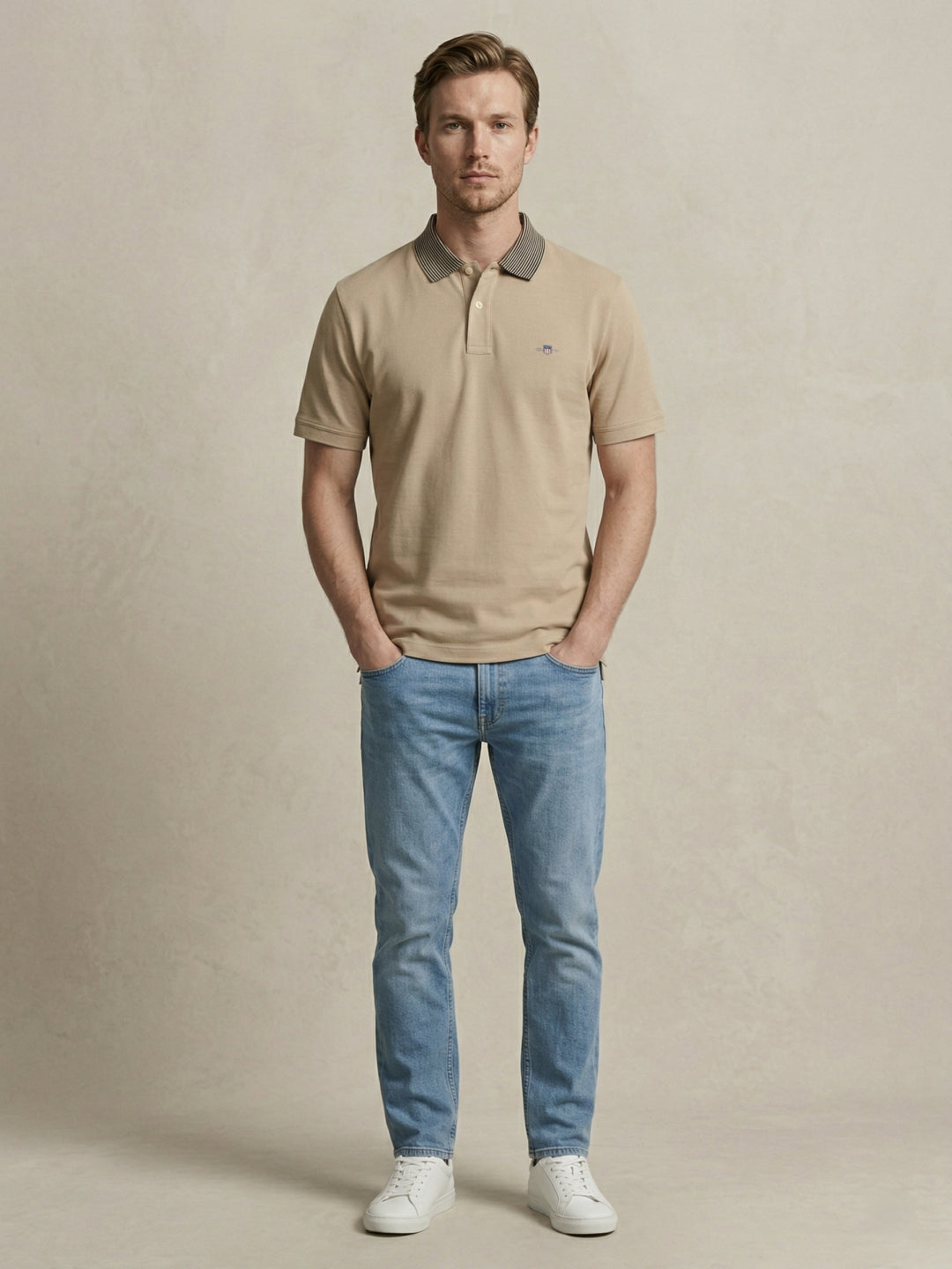 Gant Men Beige Solid Regular Fit Pure Cotton Polo T-Shirt