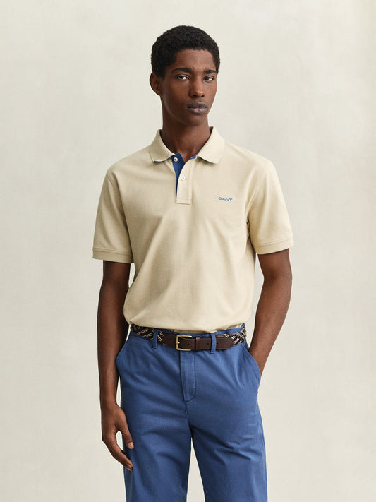 GANT Men Beige Contrast Pique Polo T-Shirt