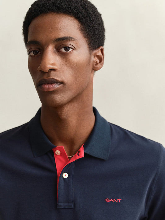 GANT Men Navy Blue Regular Fit Pique Polo T-Shirt