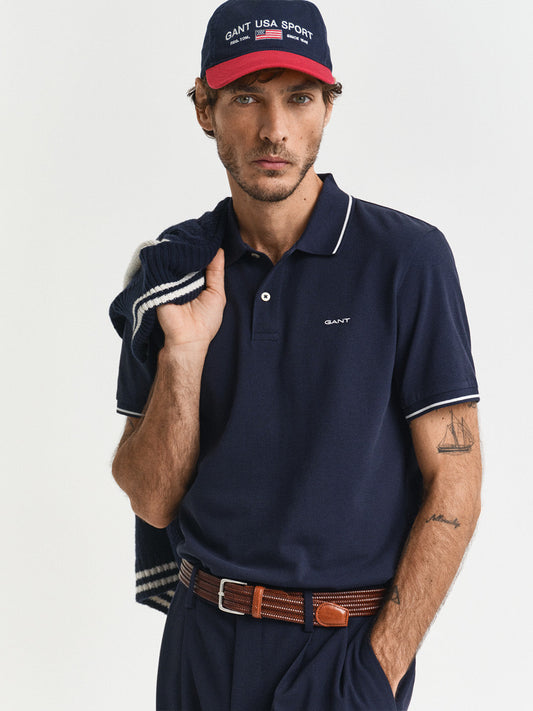 GANT Men Navy Blue Tipping Pique Cotton Polo T-Shirt