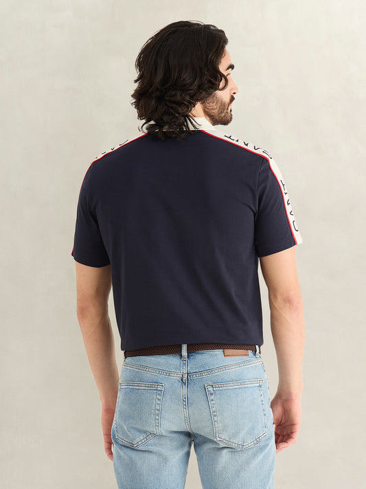 Gant Men Navy Blue Logo Print Regular Fit Pure Cotton Polo T-Shirt