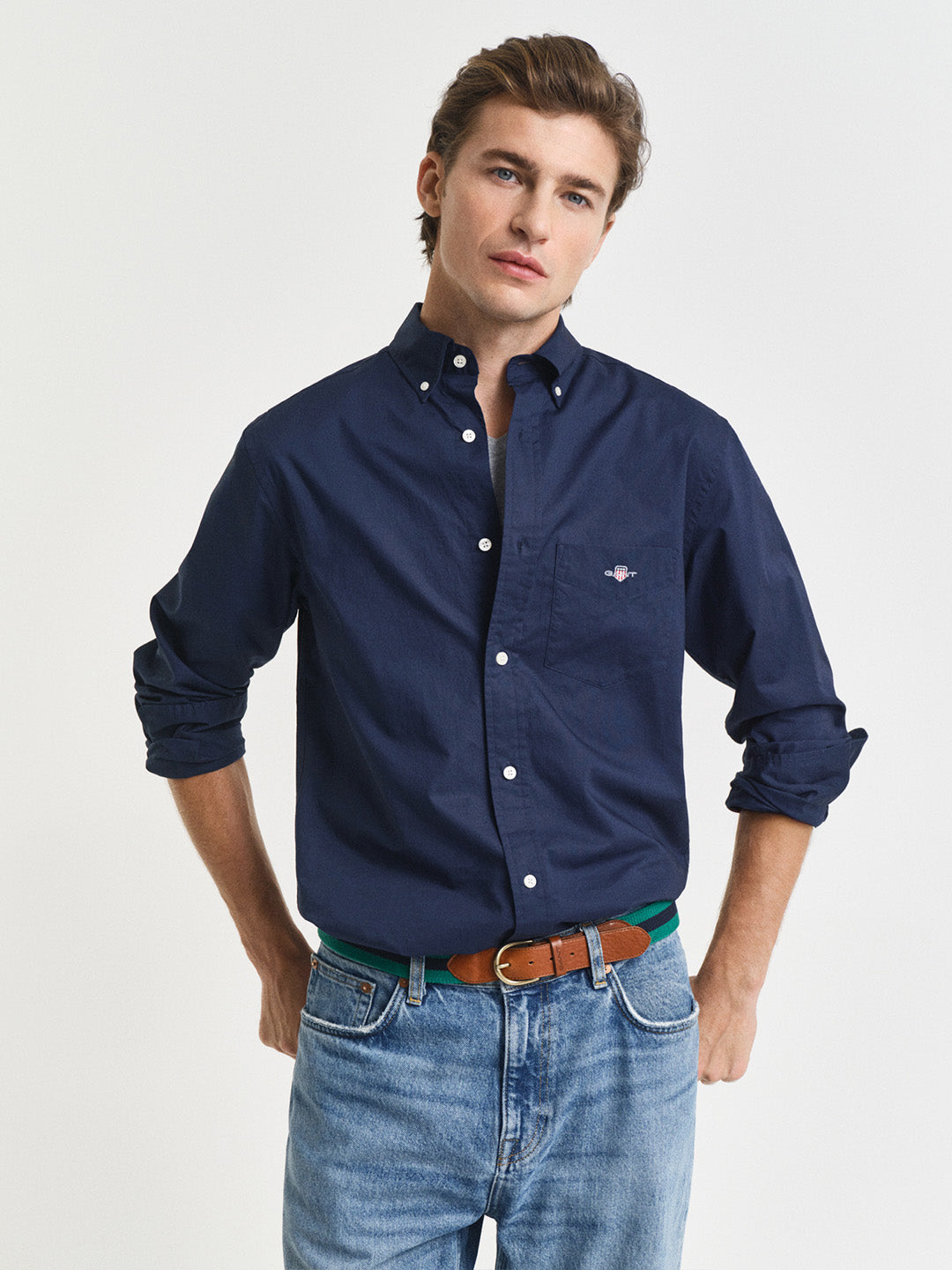 GANT Men Navy Blue Regular Fit Poplin Shirt