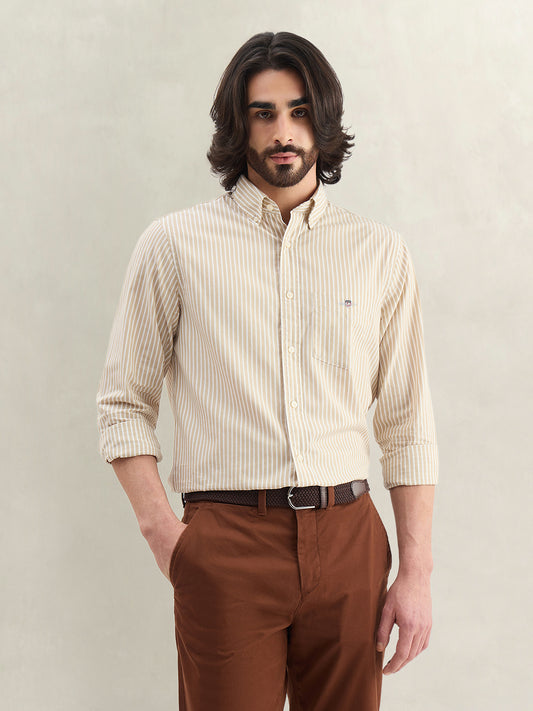 Gant Men Beige Striped Regular Fit Classic Poplin Shirt