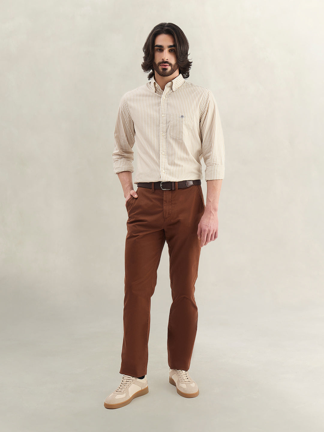 Gant Men Beige Striped Regular Fit Classic Poplin Shirt