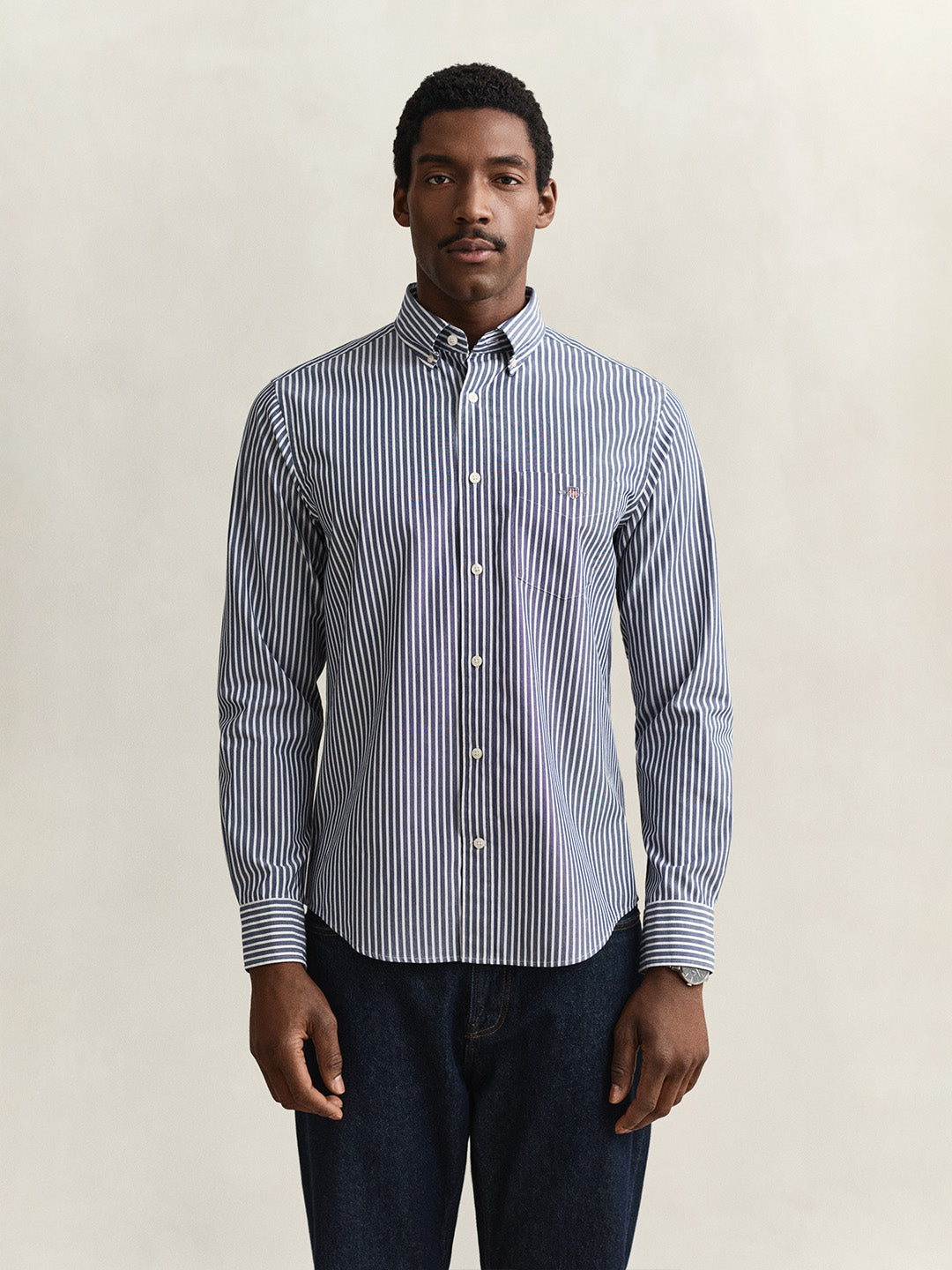 Gant Men Blue Striped Regular Fit Classic Poplin Shirt