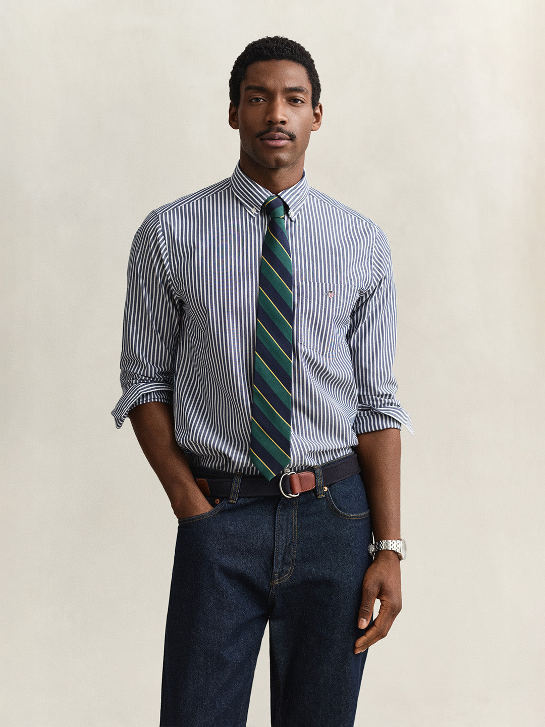 Gant Men Blue Striped Regular Fit Classic Poplin Shirt