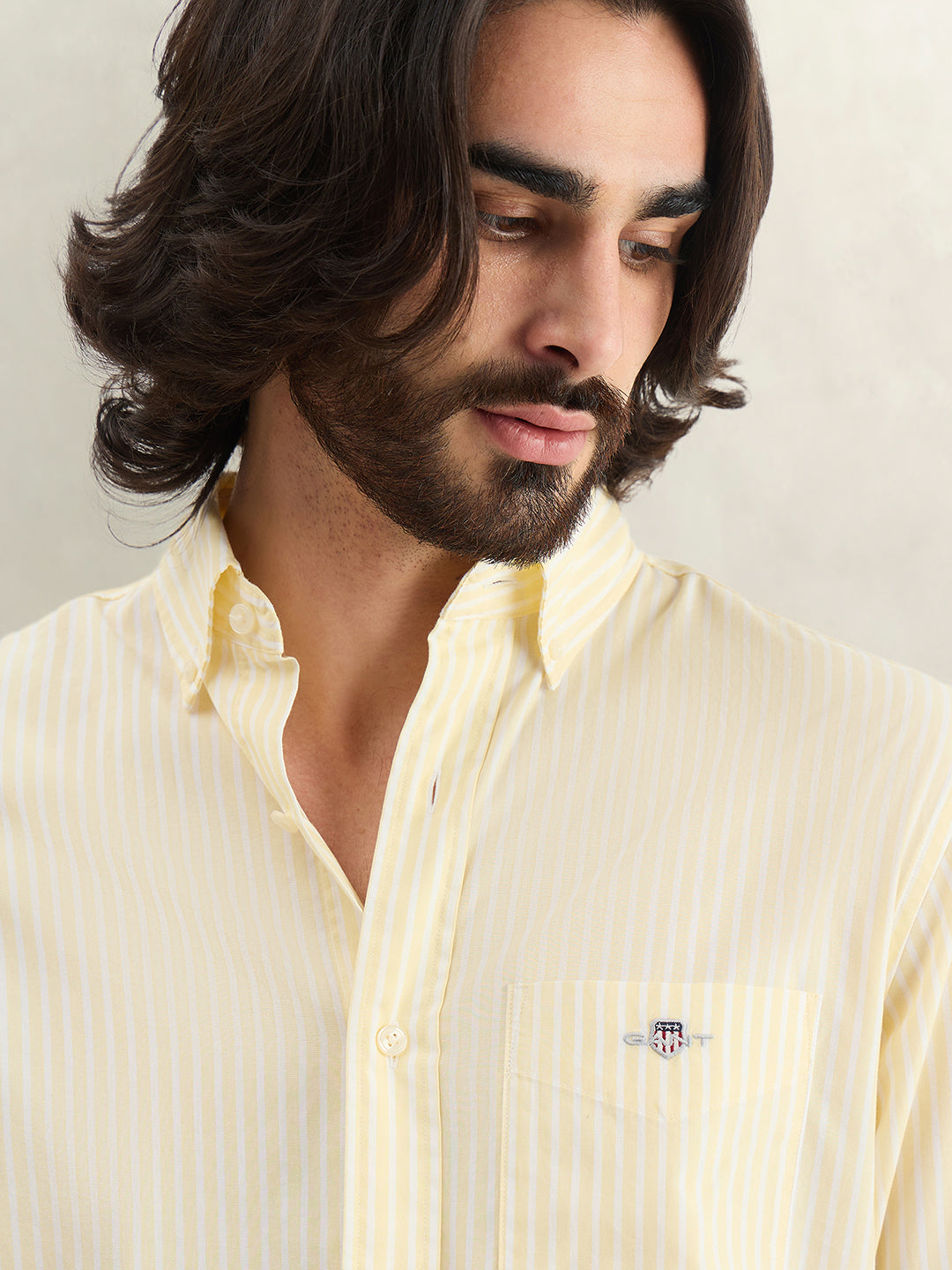 Gant Men Yellow Striped Regular Fit Classic Poplin Shirt