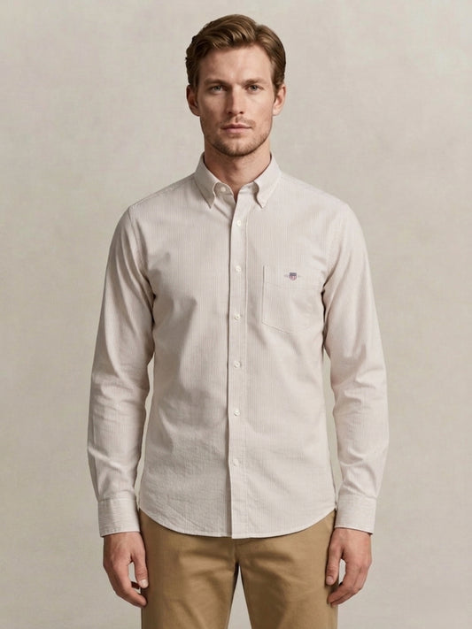 Gant Men Beige Striped Regular Fit Classic Poplin Shirt