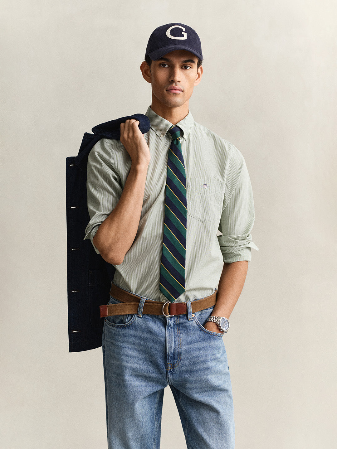 Gant Men Green Classic Poplin Banker Striped Shirt