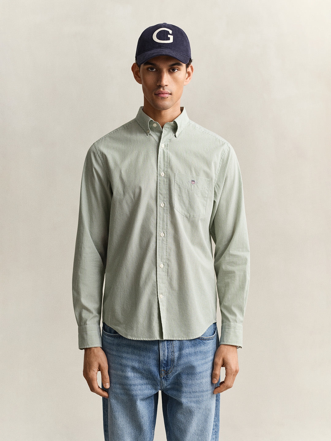 Gant Men Green Classic Poplin Banker Striped Shirt