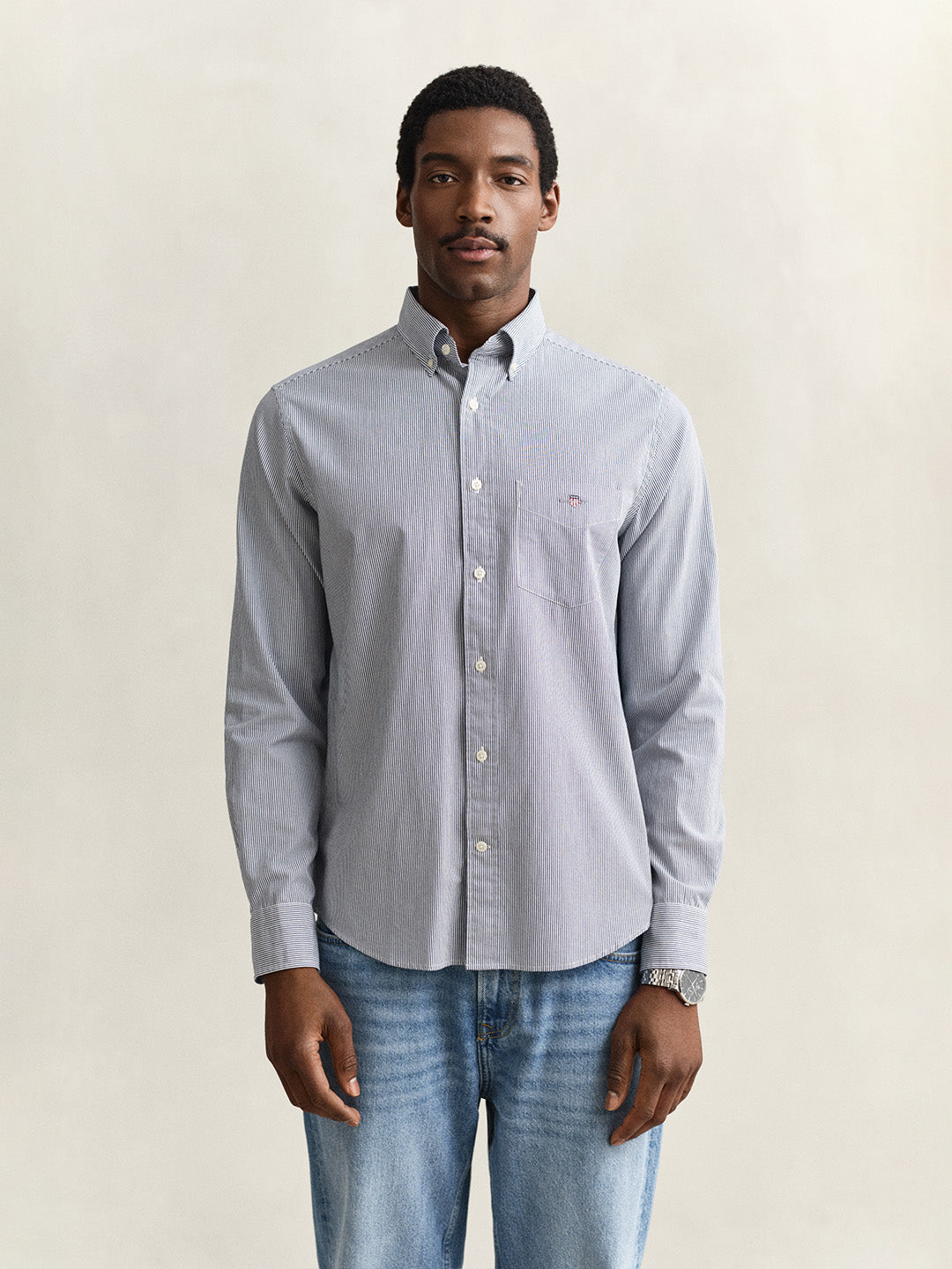 Gant Men Blue Striped Regular Fit Classic Poplin Shirt