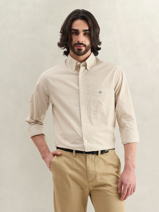 Gant Men Beige Checked Regular Fit Classic Poplin Gingham Shirt