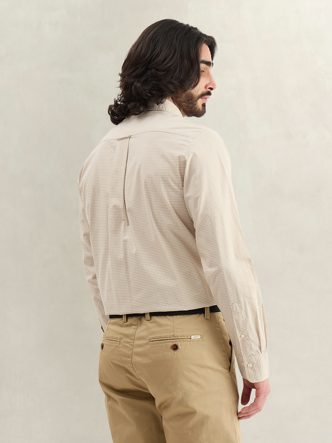 Gant Men Beige Checked Regular Fit Classic Poplin Gingham Shirt